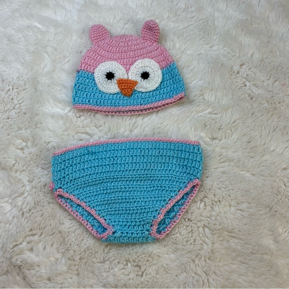 Adorable Owl Crochet Hat and Diaper Cover Set - Blue and Pink Baby 0-9 Months